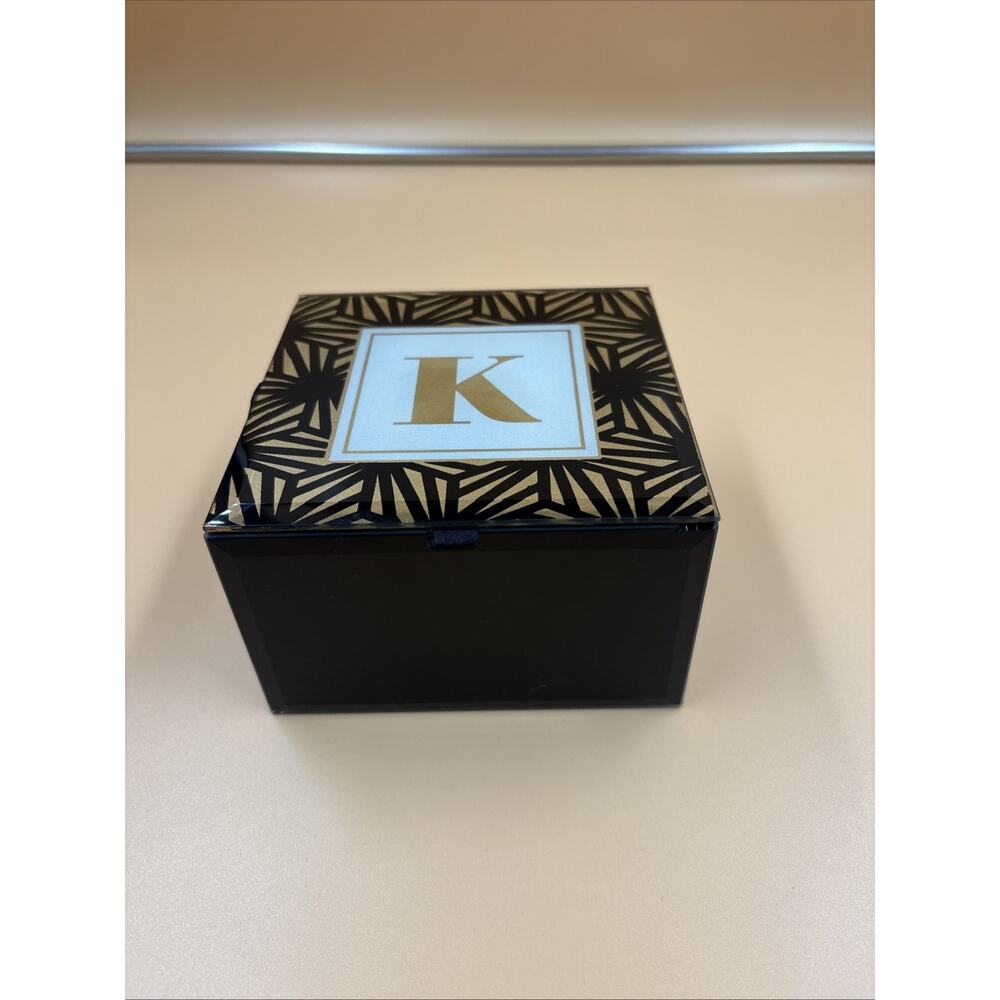 Bebe Monogram Letter K Trinket Jewelry Box Black Gold Art Deco Design Glam